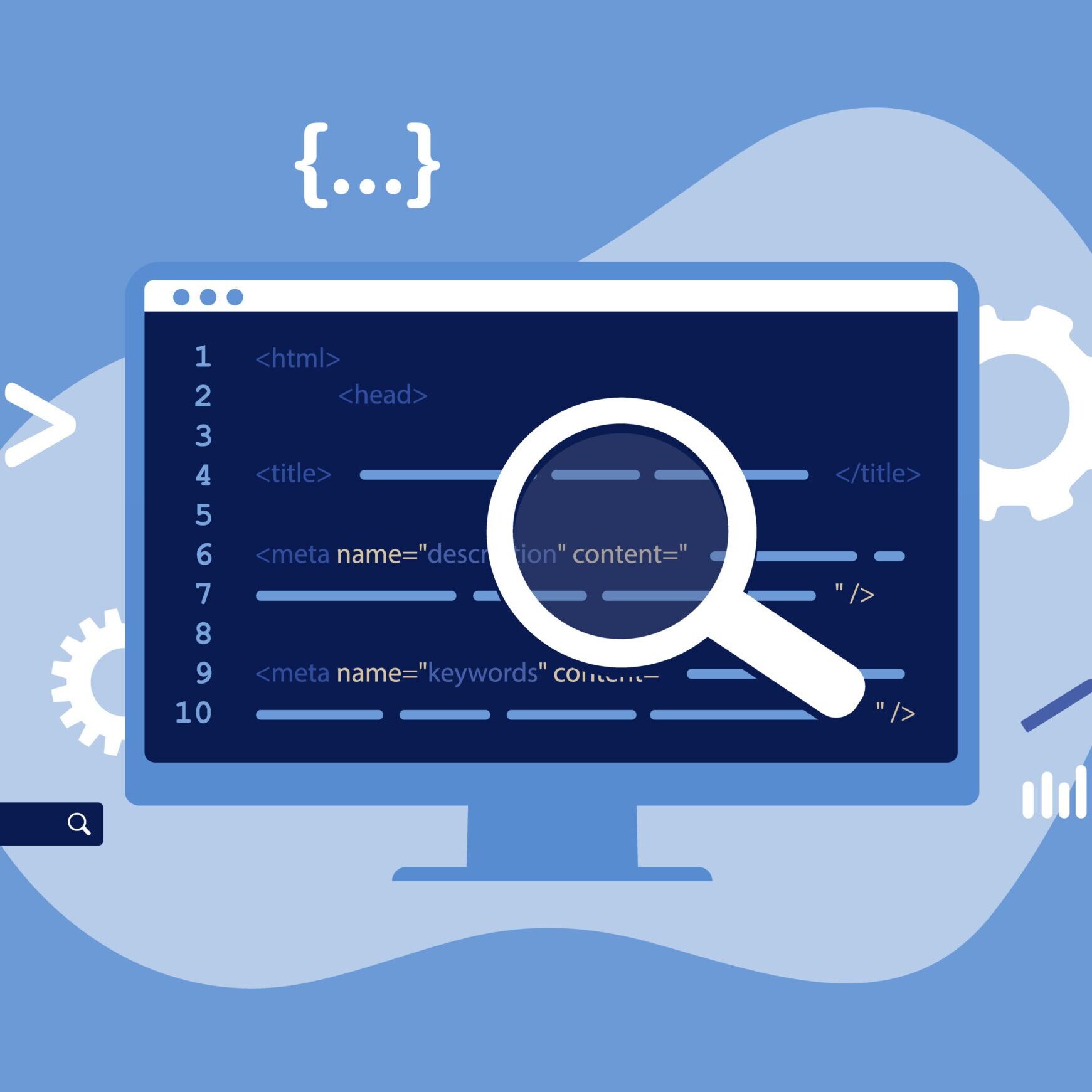 SEO Meta Data Optimization Concept. Vector illustration with hypertext code in blue color. HTTP Website Header seo Search engine optimization title tags and seo meta data description elements.